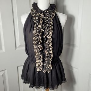 NWT Ruffle Collar & Front Top Chiffon & Lace Sleeveless Black & Tan